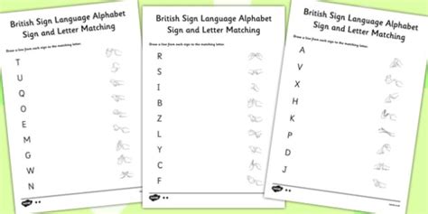 British Sign Language Left Hand Alphabet Sign Letter Match Sheet