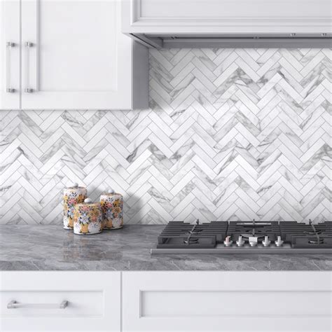 SUNWINGS Carrara White 12-in x 13-in Matte Composite Herringbone Marble ...