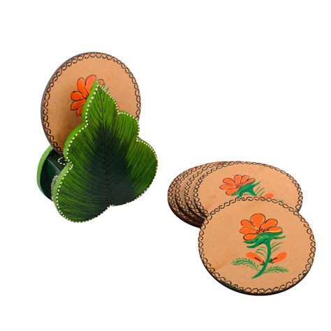 Floral Design Wooden Tea Coasters(Set of 6) - eCraftIndia Online
