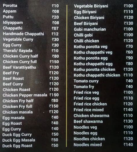 Menu at Chappathi Casa, Thiruvananthapuram