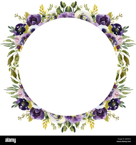 Wedding frame wreath green and purple flowers ornament Stock Photo - Alamy