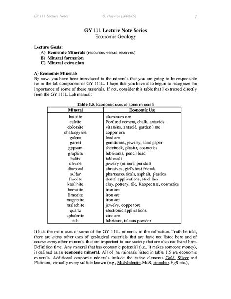 Economic geology lecture note - 1 GY 111 Lecture Note Series Economic ...