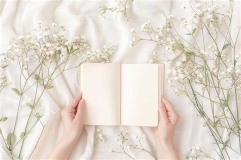 Empty open book on delicate white floral background | Premium AI ...