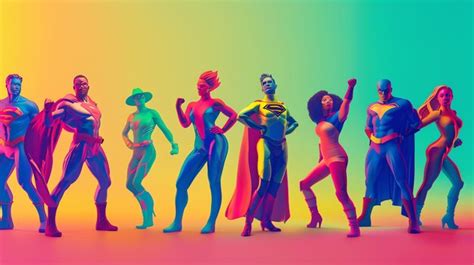 A group of diverse superheroes in colorful costumes pose against a ...