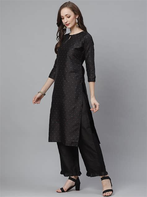Shop Black and golden woven design kurta with palazzos Online