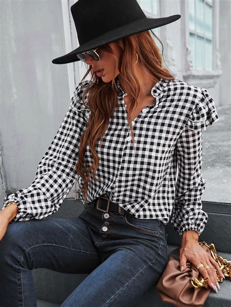 Gingham Print Ruffle Trim Blouse | Long sleeve fashion casual, Women ...