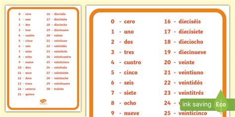 Numbers In Spanish 0-30 Word Bank