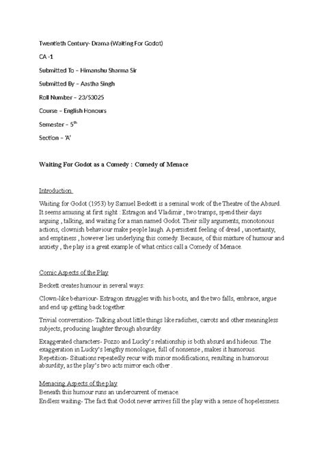Waiting For Godot: A Comedy of Menace Analysis - ENG Hons Sem 5 - Studocu