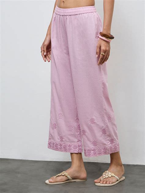Buy Utsa Pink Floral Embroidered Cotton Pants from Westside