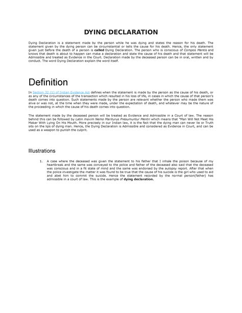 Dying Declaration - DYING DECLARATION Dying Declaration is a statement ...