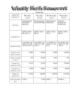 Image result for Weekly Math Homework Answer Key