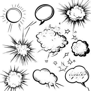 Handdrawn comic speech bubbles collection black and white sketch style ...