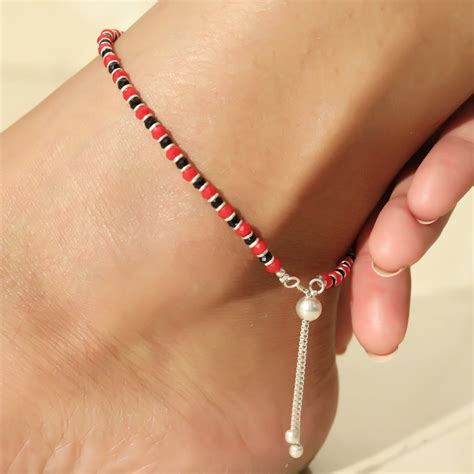 Pure Silver Nazarbattu Anklet in Red and Black Beads – Joharcart