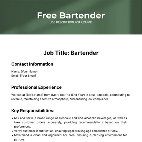 Free Bartender Job Description for Resume Template to Edit Online
