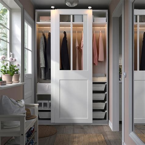 PAX / GRIMO wardrobe with sliding doors, white/clear glass white ...
