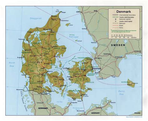 Large political and administrative map of Denmark with relief, roads and major cities - 1999 ...