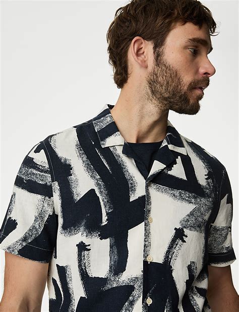 Buy Linen Blend Abstract Print Cuban Collar Shirt at Marks & Spencer