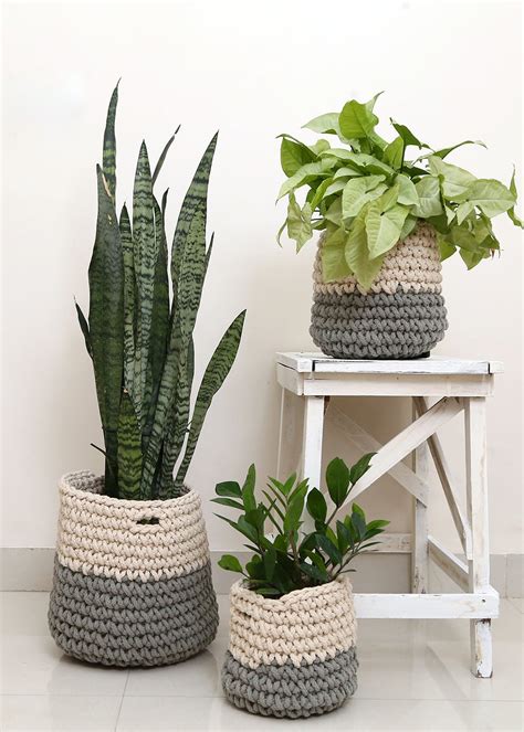 Get White & Grey Cotton Rope Planter Basket - Set of 3 (Small, Medium ...