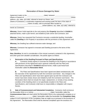 Renovation Agreement for House Damage by Water Doc Template | pdfFiller