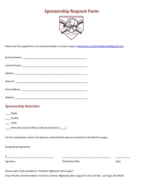Southern Highlands Little League Sponsorship Form - Blank Fillable ...