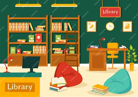 Premium Vector | Library Illustration of Book Shelves with Interior ...