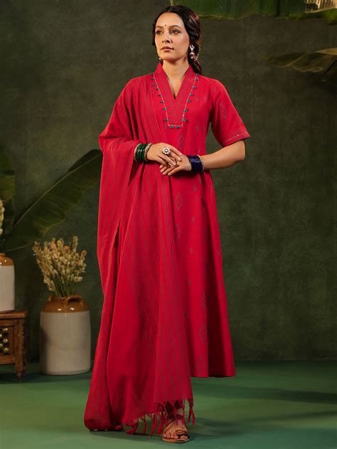Teal Blue Handloom Cotton Suit - Set of 3