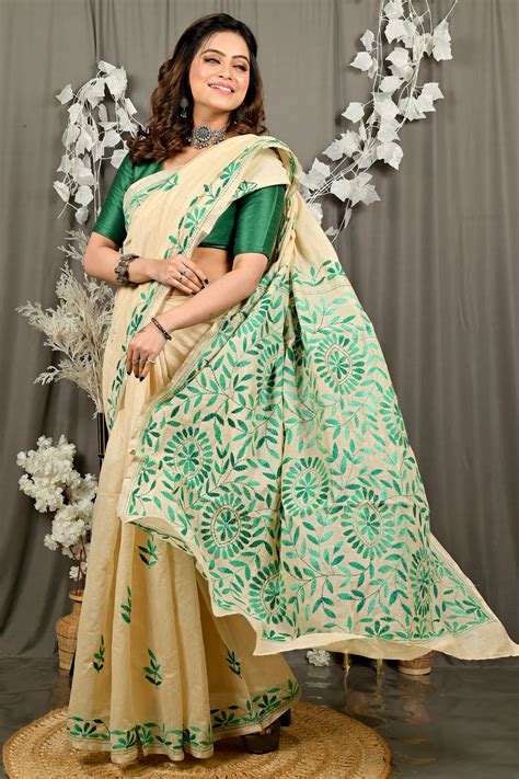 Off White Green Cotton Varitikath Kantha Stitch Saree (3132) | PuJoy ...