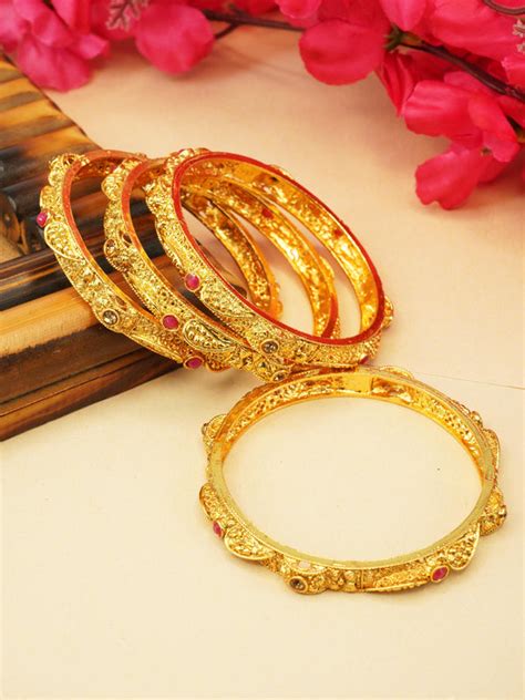 Gold Plated Set of 4 designer Bangles with colored stones 10308A – Griiham