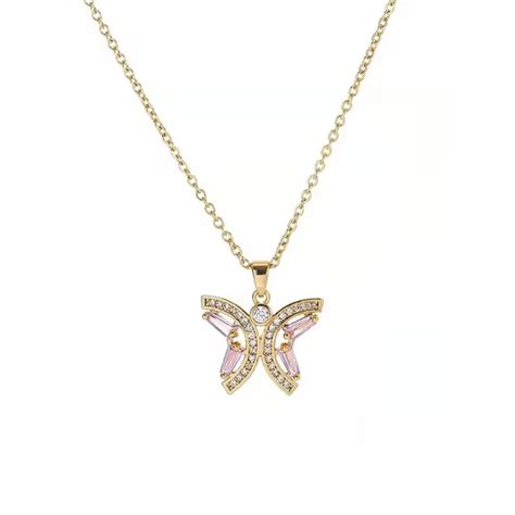18KT Gold Plated Pink Butterfly Stainless Steel Waterproof Pendant Nec ...