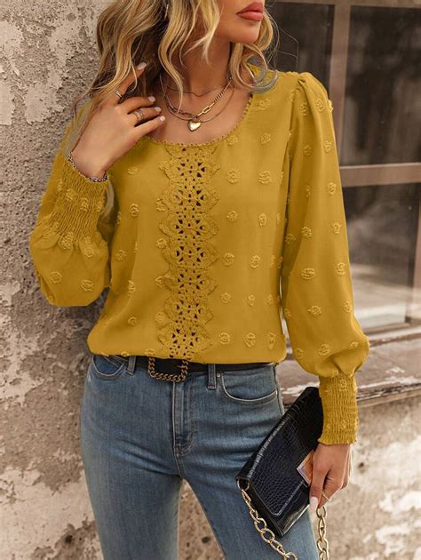 SHEIN LUNE Blusa de manga lanterna com inserção de renda guipure suíça ...