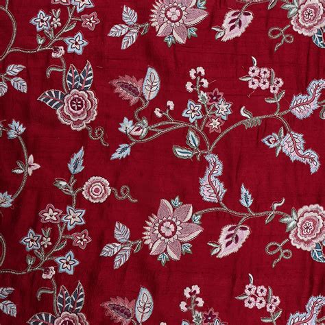 Firebrick Red Dupion Raw Silk Embroidered Fabric| FabricbySinghanai's