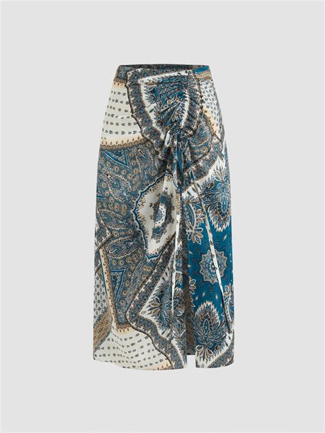 Satin Boho Paisley Drawstring Slit Midi Skirt For Vacation