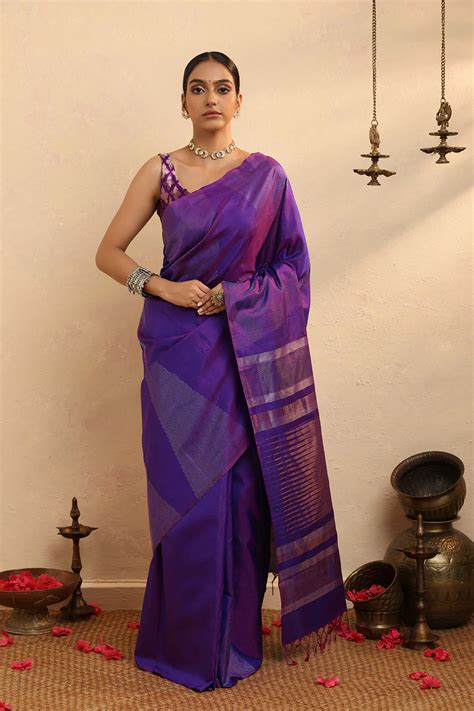 Handloom Purple Zari Stripes Pure Silk Kanchi Contemporary Saree – Mohi ...