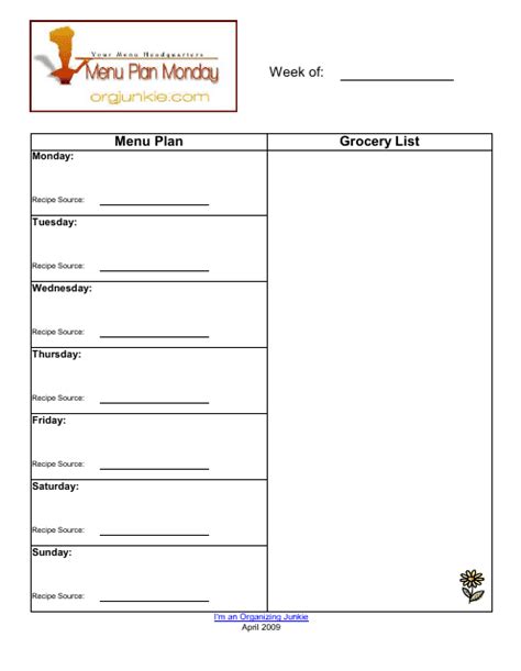 Menu Planner Template 的图像结果