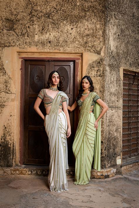 Ivory & Mint Linear Saree – Monisha Jaising