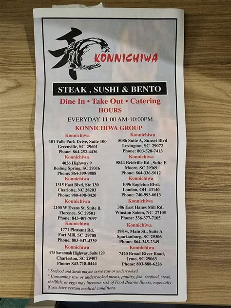 Menu at Konnichiwa restaurant, Florence