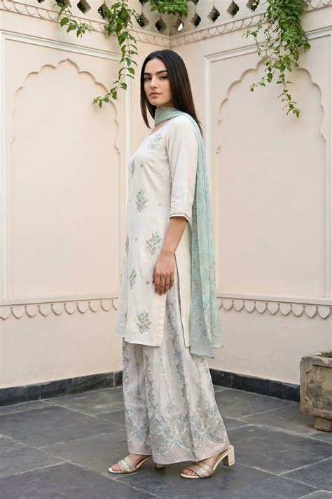 Buy Off White Embroidered Straight Kurta with Palazzo and Dupatta Set ...