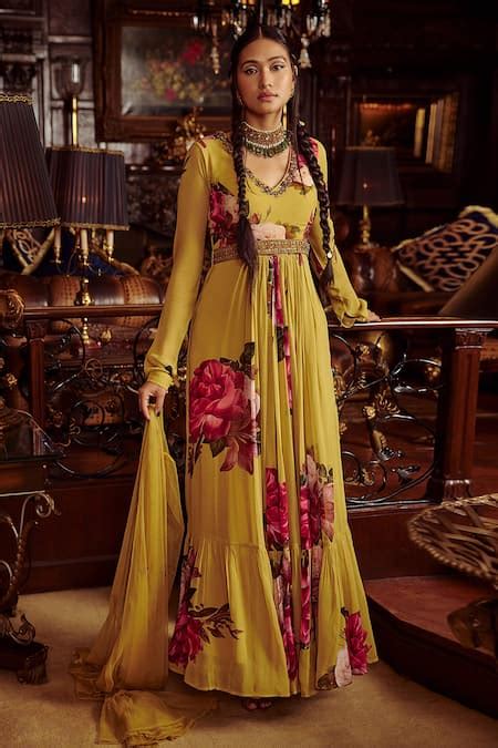 Buy Yellow Net, Viscose Georgette Bead Work, Nadira Print Anarkali With ...