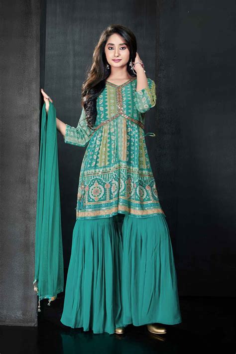 Rama Green Printed And Mirror Work Top With Sharara Set For Girls ...