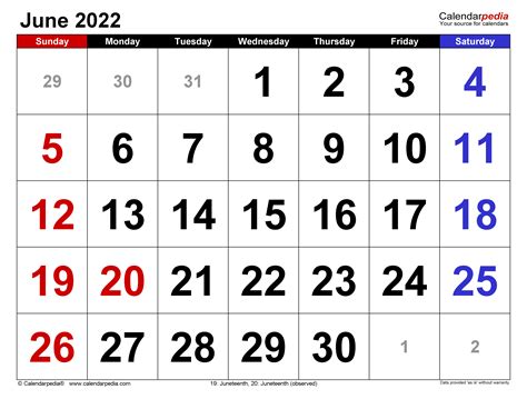 June 2022 Calendar | Templates for PDF, Excel and Word