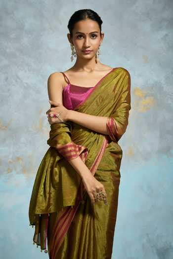 Buy Green Handloom Cotton, Chanderi Metallic Woven Saree With Running ...