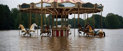 An ornate carousel submerged in water evoking nostalgia and whimsical ...