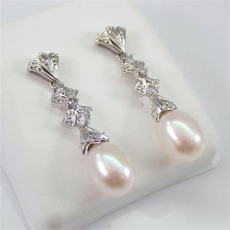 Pearl and Diamond Dangle Drop Earrings 14K White Gold June Birthstone ...