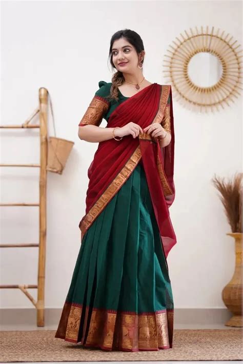 STYLLOOM Kanjivaram Silk Zari Half Lehenga Saree With Blouse And ...