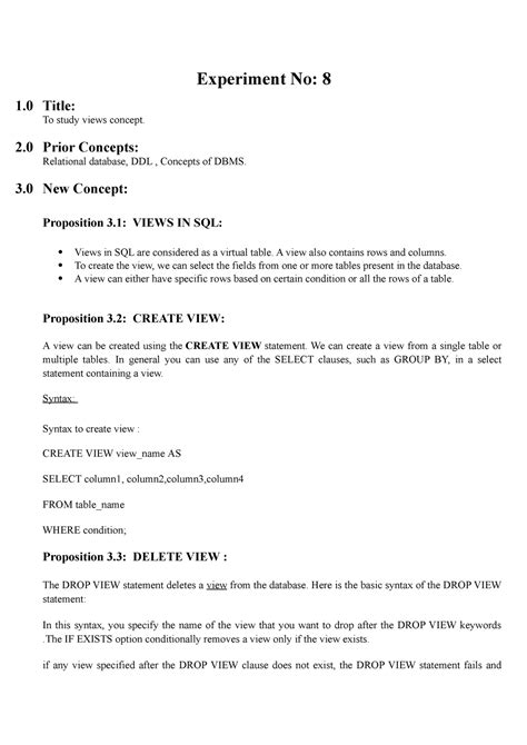 EXP8 - exp8 - Experiment No: 8 1 Title:To study views concept. 2 Prior ...