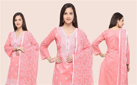 EthnicJunction Women's Soft Cotton Lucknowi Chikankari Work Unstitched ...