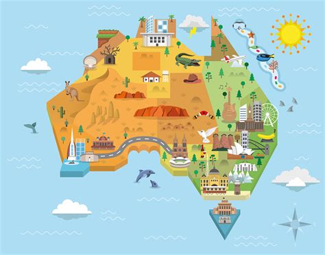 Australia Graphic Map - Iconic Places, Animals, and Landmarks