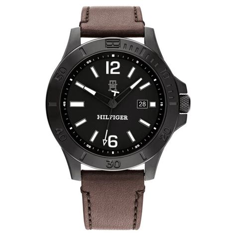 Buy Online Tommy Hilfiger Black Dial Brown Colour Leather Strap Watch ...