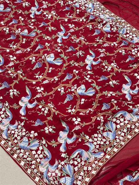 Red Georgette Parsi Gara Saree Chakla Chakli Design