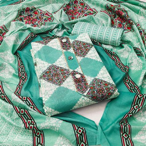 Turquoise Floral Printed Pure Cotton Dress Material